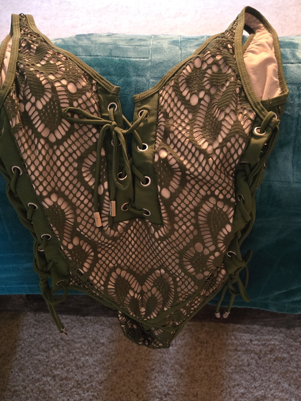 Olive Green Crochet Lace One-Piece Swimsuit